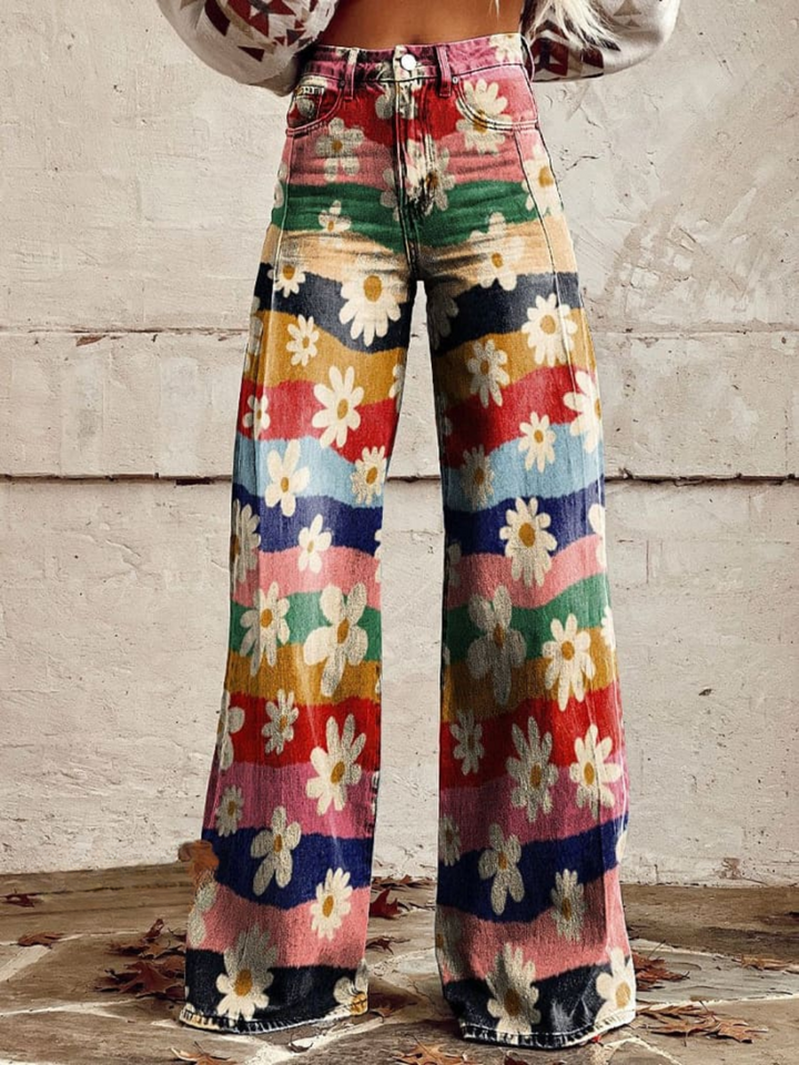 Lily™ - Vintage Kolorowe Spodnie w Kwiaty z Szerokimi Nogawkami