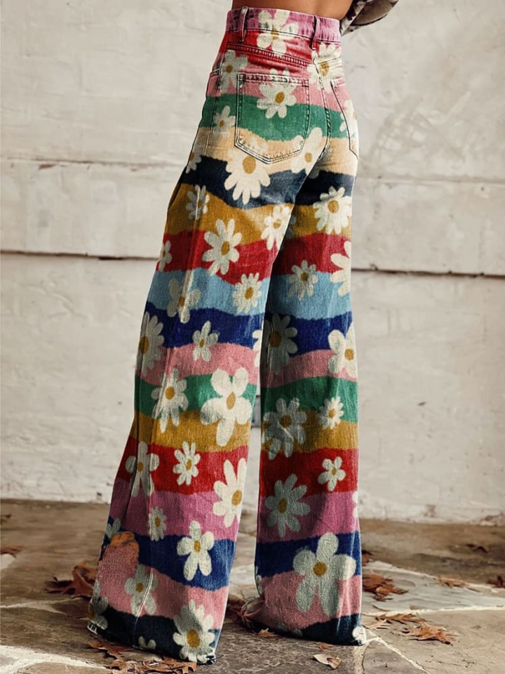 Lily™ - Vintage Kolorowe Spodnie w Kwiaty z Szerokimi Nogawkami