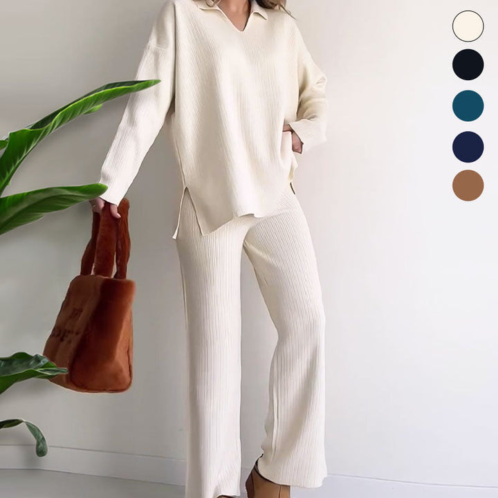 Erin - Casual Dwuczęściowy Zestaw z Dekoltem w Serek
