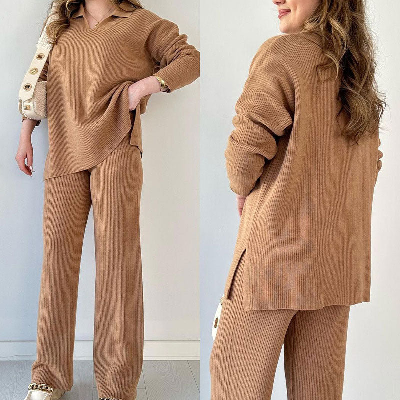 Erin - Casual Dwuczęściowy Zestaw z Dekoltem w Serek